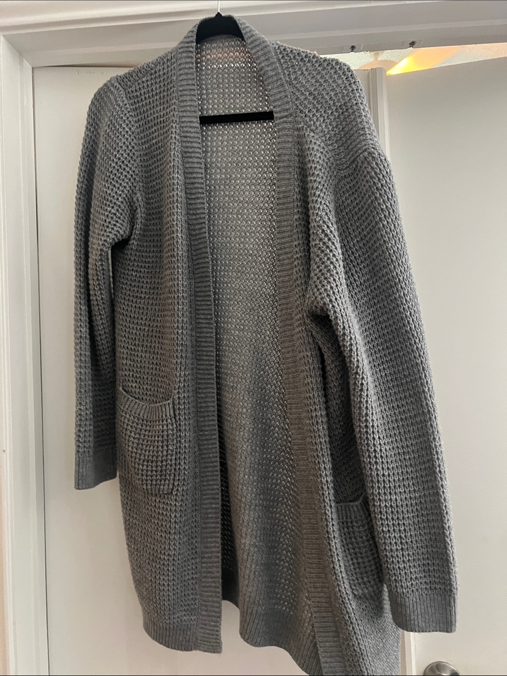 Gray Open-Front Waffle Knit Cardigan Sweater